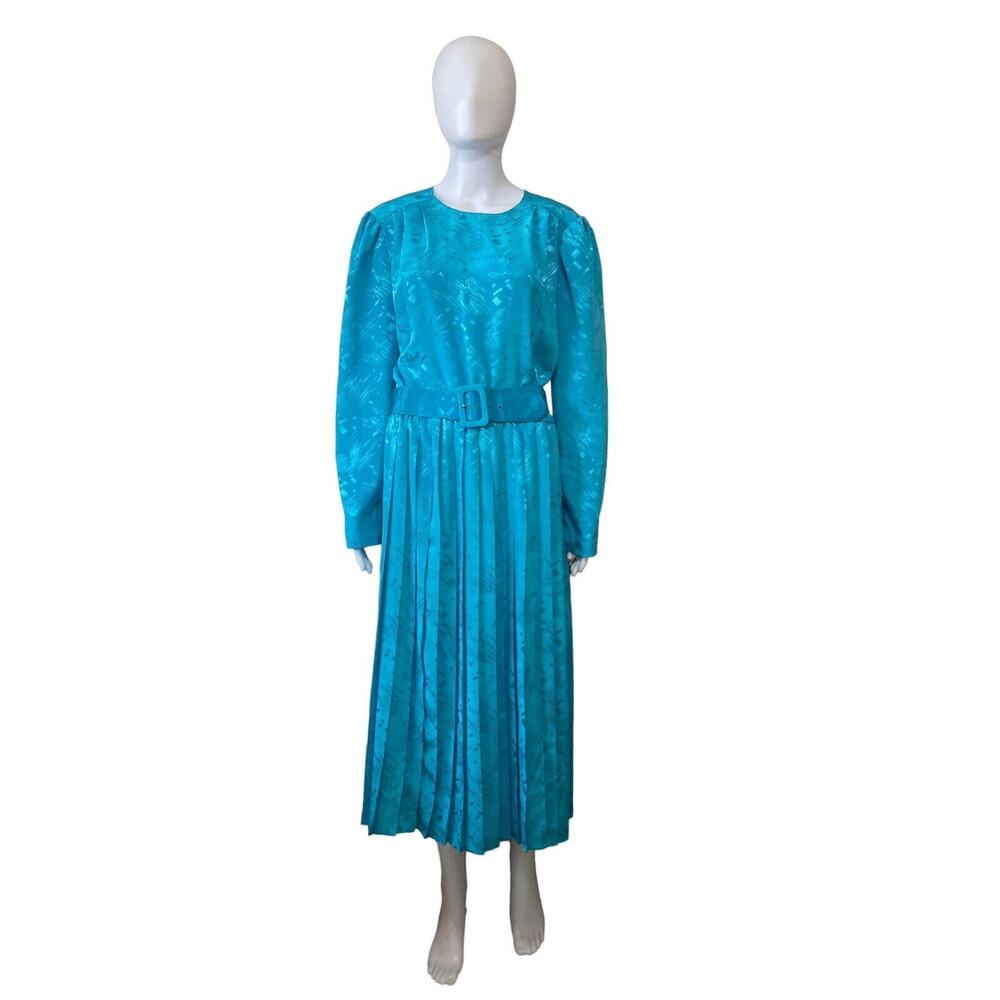 Vintage 80s Melissa Lane Womens Dress Sz 12 Turquise Secretary Midi Long Sleeves